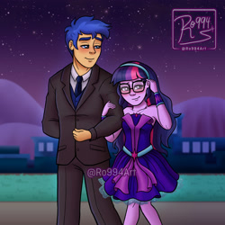 Size: 3500x3500 | Tagged: safe, artist:ro994, imported from derpibooru, flash sentry, sci-twi, twilight sparkle, human, equestria girls, absurd resolution, blushing, clothes, couple, dancing, date, digital art, dress, duo, duo male and female, female, flashlight, gentleman, glasses, male, necktie, night, outfit, redraw, sci-flash, shipping, signature, slow dancing, straight, suit, watermark