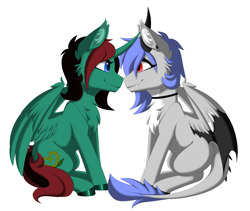 Size: 3600x3038 | Tagged: safe, alternate version, artist:melodytheartpony, imported from derpibooru, oc, oc only, oc:melody silver, alicorn, dracony, dragon, hybrid, pony, choker, commission, duo, ear piercing, facing each other, female, feral, happy, long mane, looking at each other, looking at someone, piercing, short mane, signature, simple background, sitting, smiling, spread wings, white background, wings, ych result, your character here