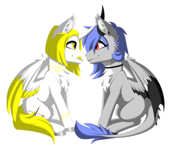 Size: 3600x3038 | Tagged: safe, alternate version, artist:melodytheartpony, imported from derpibooru, oc, oc only, oc:melody silver, alicorn, dracony, dragon, hybrid, pony, choker, commission, duo, ear piercing, facial hair, facing each other, female, feral, happy, horn, looking at each other, looking at someone, male, moustache, piercing, short mane, signature, simple background, sitting, smiling, spread wings, white background, wings, ych result, your character here