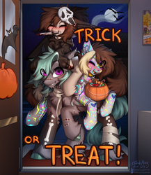 Size: 2600x3000 | Tagged: safe, imported from derpibooru, bat pony, pegasus, pony, female, halloween, holiday, male, trick or treat, trio