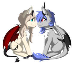 Size: 3600x3038 | Tagged: safe, alternate version, artist:melodytheartpony, imported from derpibooru, oc, oc only, oc:melody silver, dracony, dragon, hybrid, pony, succubus, choker, commission, duo, ear piercing, facing each other, female, feral, happy, horns, looking at each other, looking at someone, piercing, short mane, signature, simple background, sitting, smiling, spread wings, white background, wings, ych result, your character here