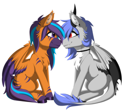 Size: 3401x3038 | Tagged: safe, alternate version, artist:melodytheartpony, imported from derpibooru, oc, oc only, oc:melody silver, alicorn, dracony, dragon, hybrid, pegasus, pony, zebra, choker, commission, duo, ear piercing, facing each other, female, feral, happy, long mane, looking at each other, looking at someone, male, piercing, short mane, signature, simple background, sitting, smiling, spread wings, white background, wings, ych result, your character here