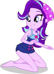 Size: 2793x3822 | Tagged: safe, alternate version, artist:dustinwatsongkx, imported from derpibooru, starlight glimmer, human, equestria girls, equestria girls series, x marks the spot, accessory swap, bare arms, bare legs, bare shoulders, barefoot, beanie, clothes, clothes swap, eyeshadow, feet, female, geode of telekinesis, grin, hat, high res, jewelry, kneeling, magical geodes, makeup, my little pony equestria girls: better together, necklace, one-piece swimsuit, sandals, sci-twi swimsuit, shadow, simple background, sleeveless, smiling, solo, swimsuit, swimsuit swap, teeth, transparent background