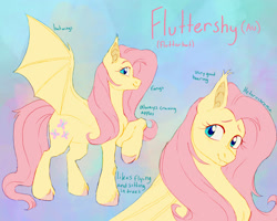 Size: 2000x1600 | Tagged: safe, artist:abbytabbys, imported from derpibooru, part of a set, fluttershy, bat pony, pony, fanfic:broken destiny, alternate universe, bat ponified, blue text, blush lines, blushing, broken destiny au, bust, colored eyebrows, colored hooves, colored pinnae, ear tufts, eyelashes, fangs, female, flutterbat, gradient background, heterochromia, hooves, long mane, long tail, looking back, mare, multiple angles, pink hooves, pink mane, pink tail, pink text, profile, race swap, raised hoof, reference sheet, smiling, solo, spread wings, standing, standing on three hooves, tail, three quarter view, transformed, unshorn fetlocks, wings, yellow coat