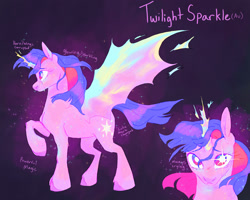 Size: 2000x1600 | Tagged: safe, artist:abbytabbys, imported from derpibooru, twilight sparkle, alicorn, pony, fanfic:broken destiny, alternate cutie mark, alternate universe, artificial horn, artificial wings, augmented, broken destiny au, colored eyebrows, colored hooves, corrupted, corrupted twilight sparkle, crying, ethereal body, ethereal horn, ethereal mane, ethereal tail, ethereal wings, eyelashes, female, flowing mane, flowing tail, frown, glowing, glowing body, glowing cutie mark, glowing eyes, glowing horn, glowing mane, glowing wings, gradient background, hooves, horn, looking at you, magic, magic eyes, magic horn, magic wings, mare, multicolored eyes, multiple angles, profile, purple coat, purple hooves, purple tail, purple text, raised hoof, reference sheet, solo, sparkles, sparkly body, sparkly coat, sparkly mane, sparkly tail, standing, standing on three hooves, tail, three toned eyes, three toned mane, transformed, twilight sparkle (alicorn), unshorn fetlocks, unstable magic, white pupils, wings