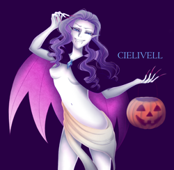 Size: 2324x2271 | Tagged: safe, artist:cielivell, imported from derpibooru, rarity, human, undead, vampire, beautiful, beautiful hair, halloween, halloween 2024, happy halloween, holiday, humanized, pretty, pumpkin, trick or treat