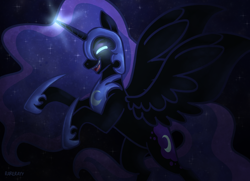 Size: 1800x1300 | Tagged: safe, artist:_rarerayy_, imported from derpibooru, nightmare moon, alicorn, belly, digital art, ethereal mane, ethereal tail, halloween, helmet, holiday, hoof shoes, long mane, long tail, night, nightmare night, peytral, princess shoes, rearing, spread wings, tail, wings