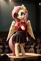 Size: 800x1169 | Tagged: safe, imported from derpibooru, fluttershy, pegasus, pony, semi-anthro, 8 mile, ai content, ai generated, bipedal, clothes, crowd, female, generator:pony diffusion v6 xl, generator:stable diffusion, indoors, mare, prompter:gregorymars, rap battle, shirt, skirt, solo focus, stage, standing