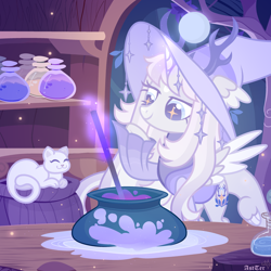 Size: 1920x1920 | Tagged: safe, artist:kabuvee, imported from derpibooru, oc, oc:eluntil evergloom, alicorn, cat, pony, cauldron, clothes, female, hat, mare, solo, witch hat