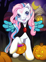 Size: 1800x2400 | Tagged: safe, artist:sparkytopia, imported from derpibooru, star catcher, pegasus, pony, candy, cape, clothes, colored wings, commission, costume, facial markings, fangs, female, food, g3, halloween, halloween costume, holiday, jack-o-lantern, looking at you, mare, night, open mouth, open smile, outdoors, pumpkin, signature, smiling, solo, spread wings, vampire costume, wings, ych example, your character here