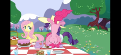 Size: 1289x590 | Tagged: safe, imported from derpibooru, screencap, fluttershy, pinkie pie, rarity, earth pony, pegasus, pony, unicorn, cake, cartwheel, cup, female, food, horn, picnic, pillarboxing, sandwich, teacup, teapot, trio, upside down