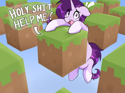 Size: 4566x3408 | Tagged: safe, artist:czu, imported from derpibooru, oc, oc:czupone, pony, unicorn, block, dialogue, dirt, emanata, grass, hanging, help, horn, meme, minecraft, open mouth, solo, vulgar