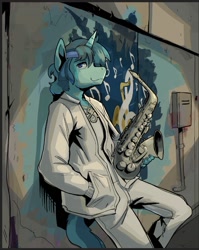 Size: 807x1013 | Tagged: safe, artist:double-zr-tap, imported from derpibooru, oc, oc only, oc:rocky blues, anthro, unicorn, commissioner:legionofblues, cutie mark, graffiti, hand in pocket, headband, horn, jewelry, leaning on wall, male, musical instrument, pendant, saxophone, stallion, unicorn oc