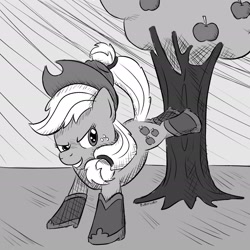 Size: 1920x1920 | Tagged: safe, artist:_butterscotch, imported from derpibooru, applejack, earth pony, pony, apple, apple tree, applebucking, applejack's hat, boots, clothes, cowboy hat, crosshatch, food, hat, inktober, inktober 2024, monochrome, shoes, tree