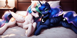 Size: 2048x1024 | Tagged: safe, imported from derpibooru, princess celestia, princess luna, alicorn, pony, ai content, ai generated, anonymous prompter, bed, chest fluff, cute, cutelestia, duo, duo female, ear fluff, female, fluffy, indoors, lunabetes, lying down, prone