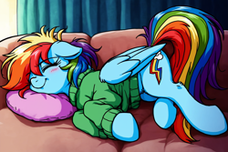 Size: 2304x1536 | Tagged: safe, imported from derpibooru, rainbow dash, pegasus, pony, ai content, ai generated, clothes, couch, cute, dashabetes, eyebrows, eyebrows visible through hair, female, folded wings, generator:pony diffusion v6 xl, generator:stable diffusion, indoors, lying down, mare, on side, pillow, prompter:bendy and boney, sleeping, smiling, solo, sweater, wings