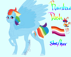 Size: 1000x800 | Tagged: safe, artist:satyrsong99, imported from derpibooru, rainbow dash, 2024, blue background, character name, lesbian pride flag, looking at you, pride, pride flag, signature, simple background, solo