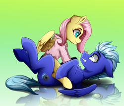 Size: 2000x1700 | Tagged: safe, artist:rainbowfire, imported from derpibooru, fluttershy, oc, oc:sadvard, pegasus, pony, blue eyes, blushing, clothes, confused, cute, duo, female, hug, hugs needed, looking at you, male, mare, open mouth, simple background, sitting on, sitting on person, sitting on pony, smiling, stallion, wings