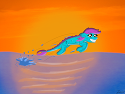 Size: 2000x1500 | Tagged: safe, artist:zeccy, imported from derpibooru, oc, oc only, original species, shark, shark pony, sharp teeth, solo, splash, sunset, teeth, water