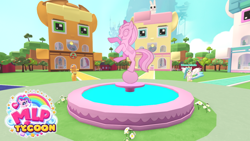 Size: 768x432 | Tagged: safe, imported from derpibooru, angel bunny, applejack, fluttershy, princess celestia, alicorn, earth pony, pony, building, fountain, grass, my little pony tycoon, roblox