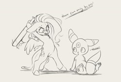 Size: 3621x2469 | Tagged: safe, artist:miokomata, imported from derpibooru, fluttershy, pegasus, pony, umbreon, angry, baseball bat, bipedal, duo, female, floppy ears, freckles, freckleshy, grayscale, highlander, hoof hold, mare, monochrome, pokémon, simple background, sitting, sweat, white background