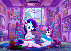 Size: 4749x3461 | Tagged: safe, artist:jowyb, imported from derpibooru, rarity, sweetie belle, pony, unicorn, absurd resolution, bed, bedroom, belle sisters, cape, clothes, cmc cape, cup, duo, duo female, fabric, female, filly, foal, glowing, glowing horn, horn, levitation, magic, mare, mug, open mouth, open smile, scissors, sewing needle, siblings, sisters, sitting, smiling, teacup, telekinesis, thread