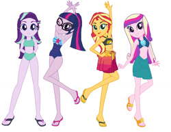 Size: 1280x990 | Tagged: safe, artist:diana173076, imported from derpibooru, princess cadance, sci-twi, starlight glimmer, sunset shimmer, twilight sparkle, human, equestria girls, belly, belly button, bikini, clothes, feet, female, flip-flops, glasses, group, quartet, sandals, sarong, sci-twi swimsuit, simple background, sunset shimmer swimsuit, swimsuit, white background