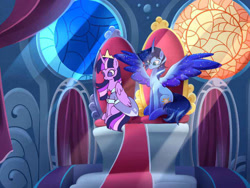 Size: 1024x768 | Tagged: artist needed, source needed, safe, imported from derpibooru, twilight sparkle, oc, oc:blue thunder, alicorn, pony, canon x oc, canterlot castle, duo, duo male and female, female, folded wings, king, male, queen, ruler, shipping, spread wings, straight, thundersparkle, twilight sparkle (alicorn), twilight's castle, wings