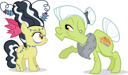 Size: 2088x1223 | Tagged: safe, artist:cirillaq, imported from derpibooru, apple bloom, granny smith, earth pony, pony, bride of frankenstein, clothes, costume, duo, duo female, female, filly, foal, frankenstein, mare, nightmare night costume, simple background, transparent background, vector