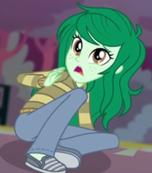 Size: 745x848 | Tagged: safe, imported from derpibooru, screencap, wallflower blush, equestria girls, antagonist, brown eyes, brown sweater, clothes, cropped, defeat, defeated, equestria girls specials, frightened, green hair, green skin, guilty, my little pony equestria girls: forgotten friendship, oh no, scared, sweater, terrified, uh oh, villainess