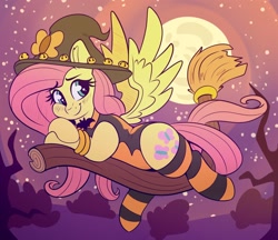 Size: 2048x1766 | Tagged: safe, artist:graphene, imported from derpibooru, fluttershy, pegasus, pony, blushing, broom, clothes, cute, female, flying, flying broomstick, full moon, hat, high res, leotard, mare, moon, shyabetes, smiling, socks, solo, spread wings, striped socks, wings, witch hat