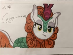 Size: 1702x1279 | Tagged: safe, artist:caryhhhh, imported from derpibooru, autumn blaze, kirin, cream background, female, looking at you, signature, simple background, traditional art