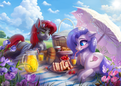 Size: 2000x1428 | Tagged: safe, artist:caddea, imported from derpibooru, oc, oc only, earth pony, pegasus, pony, amputee, artificial wings, augmented, basket, blushing, clothes, drink, drinking, drinking straw, female, field, flower, food, goggles, goggles on head, juice, leg warmers, lying down, male, mare, picnic, picnic basket, picnic blanket, pitcher, plate, prone, prosthetic limb, prosthetic wing, prosthetics, sandwich, stallion, strawberry, wings