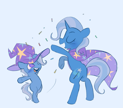 Size: 1981x1726 | Tagged: safe, artist:cranialgrind, imported from derpibooru, trixie, pony, unicorn, blue background, cape, clothes, confetti, cute, daaaaaaaaaaaw, diatrixes, duality, hat, horn, open mouth, open smile, simple background, smiling, trixie's cape, trixie's hat, weapons-grade cute