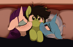 Size: 1789x1158 | Tagged: safe, artist:shinodage, rarity, trixie, oc, oc:filly anon, bed, blushing, female, filly, sweat, sweatdrop