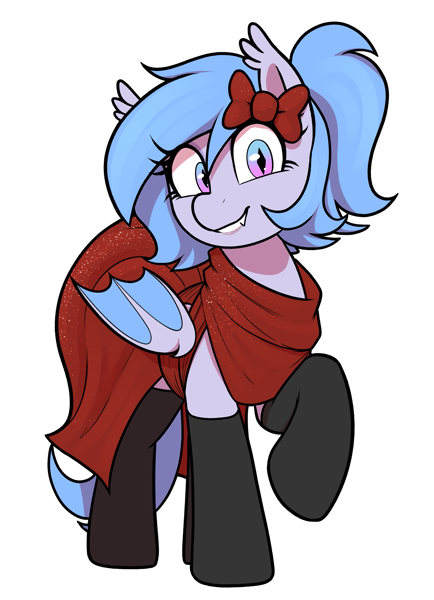 Size: 2289x3166 | Tagged: safe, artist:thebatfang, oc, oc:lucky roll, bat pony, alternate hairstyle, bat pony oc, bat wings, bow, clothes, dress, featured image, mare fair, mare fair 2024, ponytail, raised hoof, red dress, smiling, socks, solo, wings