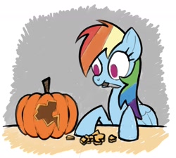 Size: 1613x1450 | Tagged: safe, artist:aprilfools, rainbow dash, pegasus, pony, carved pumpkin, female, gray background, halloween, knife, mare, pumpkin, pumpkin carving, simple background, solo, table