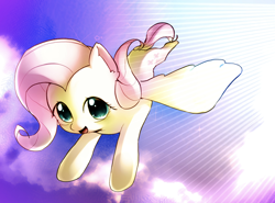 Size: 3342x2479 | Tagged: safe, artist:izuchi, imported from derpibooru, fluttershy, pegasus, pony, female, flying, sky, solo