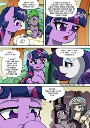 Size: 1204x1700 | Tagged: safe, artist:tarkron, imported from derpibooru, princess celestia, rarity, spike, twilight sparkle, alicorn, dragon, pony, unicorn, comic:the royal sandal, comic, flashback, horn, speech bubble, thinking, train, twilight sparkle (alicorn)