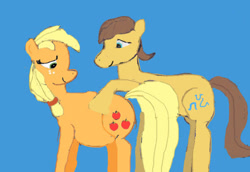 Size: 604x416 | Tagged: safe, artist:firekitty8, imported from derpibooru, applejack, caramel, earth pony, pony, blue background, carajack, crappy art, female, happy, male, preggo jack, pregnant, shipping, simple background, smiling, straight