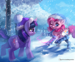 Size: 2000x1666 | Tagged: safe, artist:caddea, imported from derpibooru, pinkie pie, twilight sparkle, earth pony, pony, unicorn, clothes, duo, duo female, female, hat, horn, magic, mare, one eye closed, open mouth, open smile, outdoors, scarf, smiling, snow, snowball, snowfall, socks, striped scarf, striped socks, telekinesis, tree, unicorn twilight, winter, winter hat