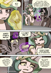 Size: 1204x1700 | Tagged: safe, artist:tarkron, imported from derpibooru, princess celestia, twilight sparkle, alicorn, pony, comic:the royal sandal, comic, eyes closed, flashback, glowing, glowing horn, hoof shoes, horn, open mouth, speech bubble, twilight sparkle (alicorn)