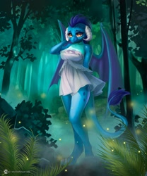 Size: 1666x2000 | Tagged: safe, alternate version, artist:caddea, imported from derpibooru, princess ember, anthro, dragon, breasts, cleavage, clothes, dragoness, dress, female, forest, lizard breasts, nature, outdoors, solo, tree