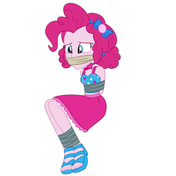 Size: 2000x2000 | Tagged: safe, artist:nie-martw-sie-o-mnie, imported from derpibooru, pinkie pie, human, equestria girls, bondage, bound and gagged, cloth gag, clothes, cruise concert outfit, dress, equestria girls specials, female, femsub, gag, my little pony equestria girls: spring breakdown, pinkiesub, sandals, simple background, solo, submissive, tape, tape bondage, transparent background