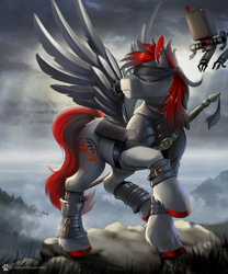 Size: 1666x2000 | Tagged: safe, artist:caddea, imported from derpibooru, oc, oc only, pegasus, pony, robot, amputee, armor, artificial wings, augmented, blindfold, commission, crepuscular rays, ear piercing, earring, jewelry, male, nier: automata, outdoors, piercing, prosthetic limb, prosthetic wing, prosthetics, solo, spread wings, stallion, wings