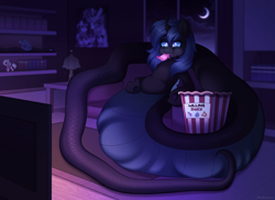 Size: 2800x2041 | Tagged: safe, artist:madelinne, imported from derpibooru, oc, oc only, oc:buzzie, changeling, changeling lamia, lamia, original species, belly, couch, fangs, food, moon, night, plushie, popcorn, room, tail, television, vore, watching tv