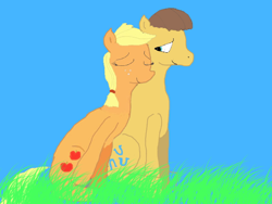 Size: 640x480 | Tagged: safe, artist:firekitty8, imported from derpibooru, applejack, caramel, earth pony, pony, carajack, duo, duo male and female, female, grass, male, nuzzling, outdoors, shipping, stallion, straight