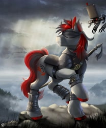 Size: 1666x2000 | Tagged: safe, alternate version, artist:caddea, imported from derpibooru, oc, oc only, pegasus, pony, robot, armor, blindfold, commission, crepuscular rays, ear piercing, earring, jewelry, male, nier: automata, outdoors, piercing, solo, stallion, wingless