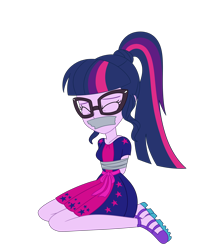 Size: 2500x3000 | Tagged: safe, artist:nie-martw-sie-o-mnie, imported from derpibooru, sci-twi, twilight sparkle, human, equestria girls, bondage, cruise outfit, equestria girls specials, eyes closed, female, femsub, gag, glasses, kneeling, my little pony equestria girls: spring breakdown, simple background, solo, submissive, tape, tape bondage, tape gag, transparent background, twisub