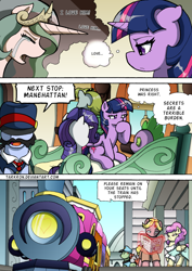 Size: 1204x1700 | Tagged: safe, artist:tarkron, imported from derpibooru, all aboard, rarity, spike, twilight sparkle, alicorn, dragon, pony, unicorn, comic:the royal sandal, comic, flashback, glowing, glowing horn, horn, newspaper, speech bubble, train, train station, twilight sparkle (alicorn)